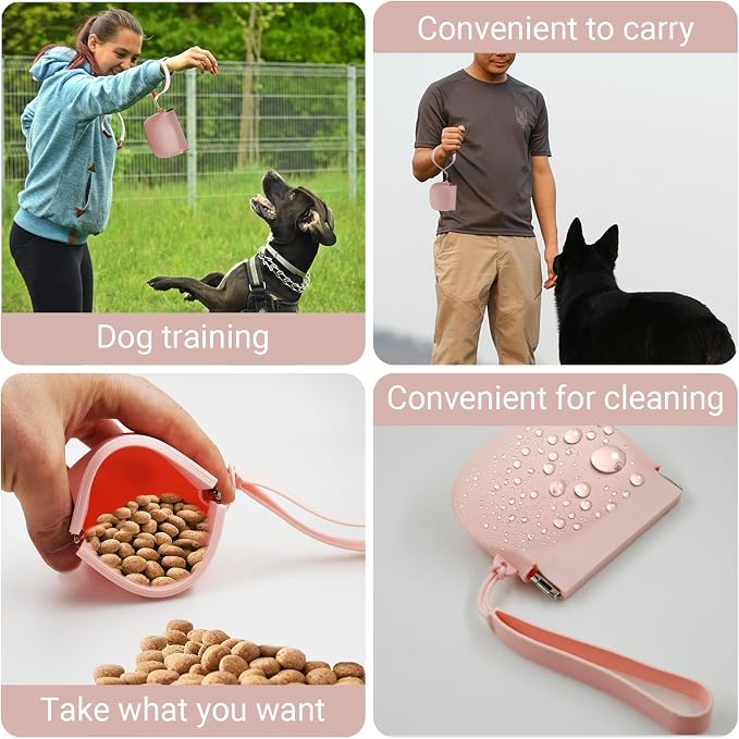 Silicone Dog Treat Pouch Portable Snack Pouch (Pink & Grey) | 2 Pieces Silicone Mini Portable Pet Snack Pouch with Auto Close Feature Feed Dog Treat Pouch for Pet Travel or Outdoor Use