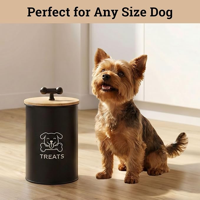 Dog Treat Container Airtight, 4.6"W x 6"H, Powder Coated, 6 Cup Capacity | Fits All Popular Treats, 6 Cup Capacity, Airtight Bamboo Lid, Easy Open Lid, Dent-Resistant Durable Metal Bone-Shaped Handle