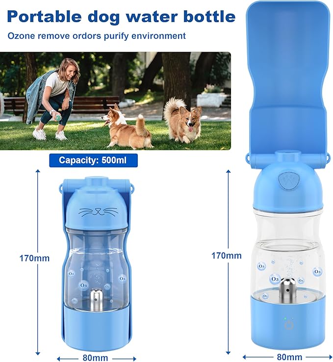 Amerisun Portable Dog Water Bottle with Ozone Purification - Active Oxygen Puppy Water Bowl & Dispenser for Travel, Improves Taste and Boosts Immunity for Pet Health Care Water Bottle (Blue)