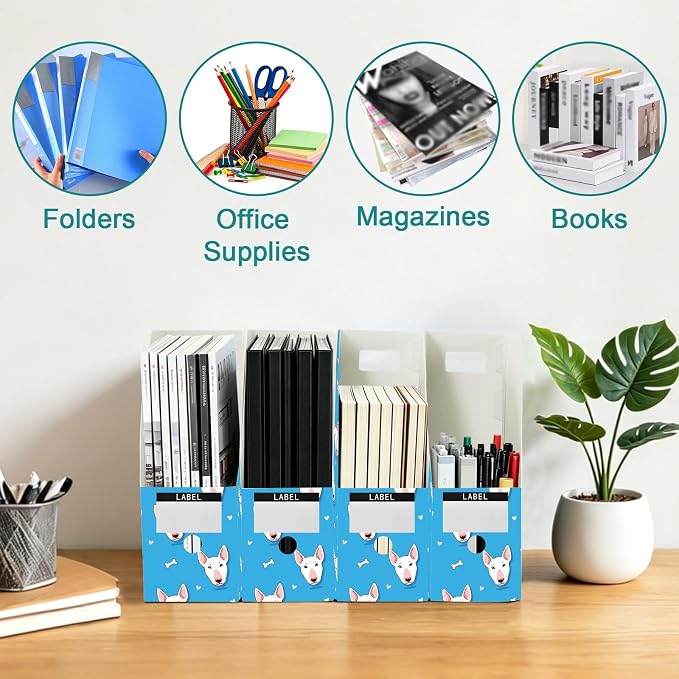 SPRIPORT Cute Pets Dog Blue Print Water Resistant PP Magazine File Holder Organizer for Desk, Collapsible Storage Rack for School Office Library Document Sorter with Labels 23x30x10cm (3 Pack)