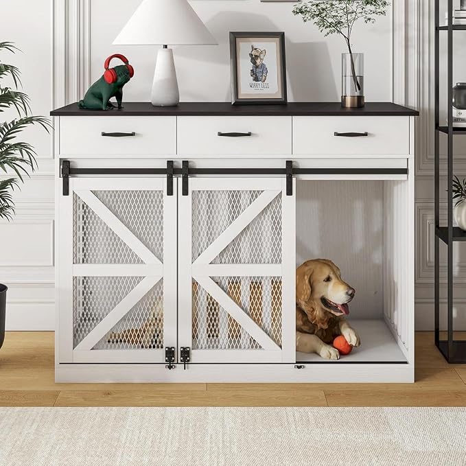 Spacesea Large Dog Crate Furniture with Sliding Barn Door, 48" Wooden Dog Kennel Indoor End Side Table for Home Decor, Removable Divider, 3 Drawers, Furniture Style Dog Crate TV Stand