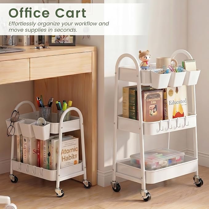 danpinera 2-Tier Rolling Cart, Utility Cart Mobile Metal Rolling Storage Cart with Lockable Wheels & Hanging Cups & Hooks for Kitchen, Bathroom, Office, Workshop, Purple