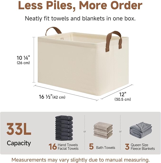 StorageWorks Closet Storage Bins, Storage Baskets for Shelf, Beige, 2-Pack | Large, With Reinforced PU Handles, Metal Frame, Collapsible, Basket for Shelves, Closet, Holds Clothes, Towels, Blankets