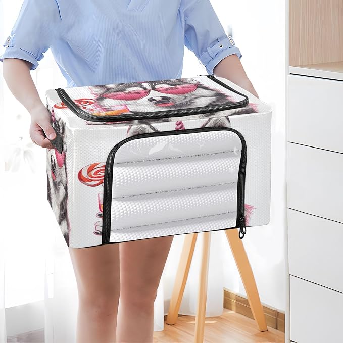 Foldable Storage Bin Dog with Glass Of Juice Sturdy Under Bed Storage Container with Clear Window and Handle