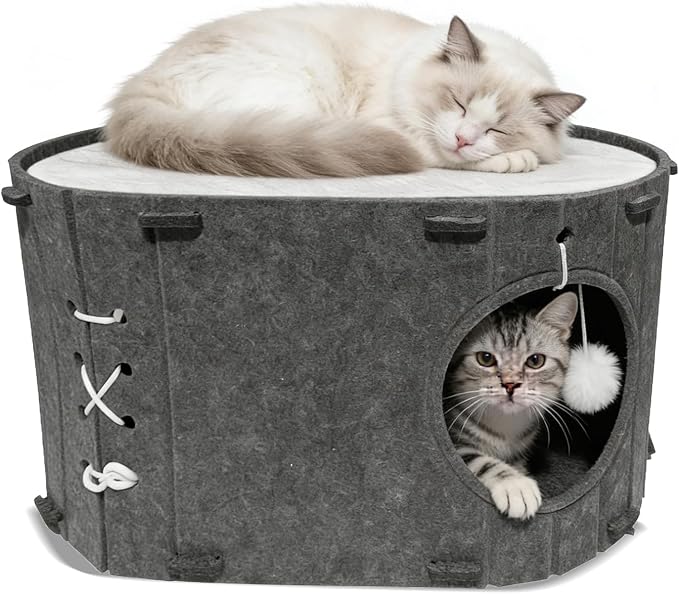 Cat House for Indoor Cats - Foldable Cat Bed Cave with Scratch-Resistant Felt Cats Tunnel Bed Condo & Hanging Fluffy Ball | Cozy Spacious Hideaway for Multi-Cats| Durable & Easy to Store Gray