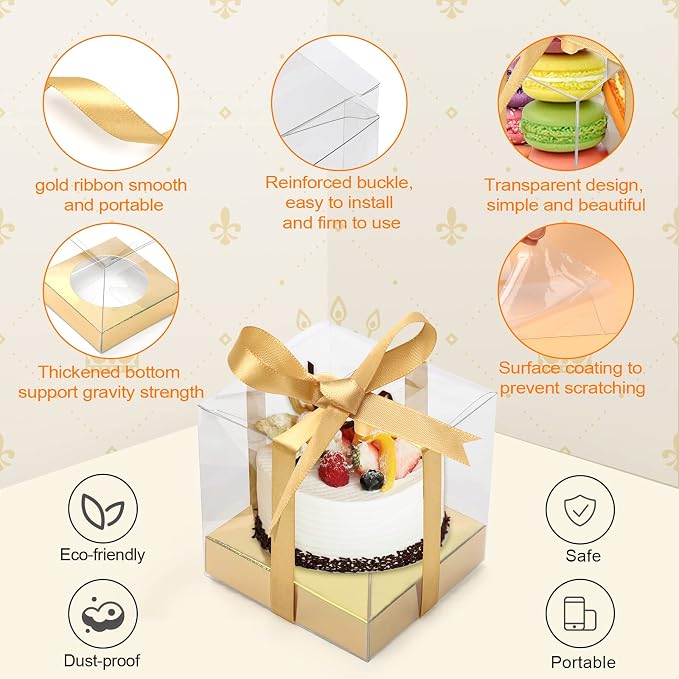 12 PCS Clear Cupcake Boxes 3.5 Inch Cupcake Containers (Gold) | Disposable Cupcake Carrier Plastic Individual Cupcake Storage Holder with Ribbons and Inserts for Wedding, Birthday Party