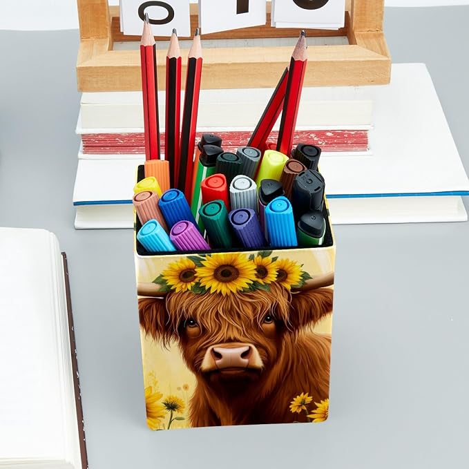 Sunflowers and Highland Cow Pen Holder for Desk Decor, Rectangular PVC Leather Pencil Cup for Desk Pen Organizer, Makeup Brush Holder for School, Home, Office