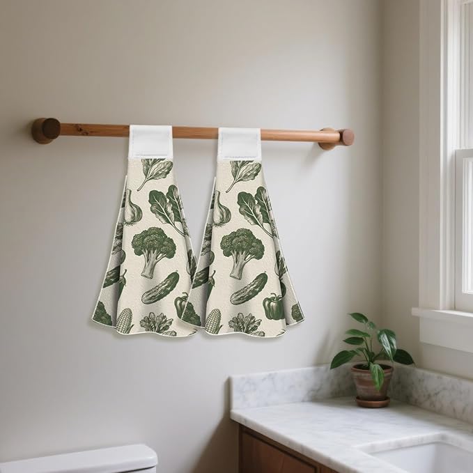 CUTHOLLOW Fruits Vegetables Hanging Kitchen Towels with Loop, Set of 2 - Soft & Super Absorbent Microfiber Decorative Hanging Dish & Hand Towel, Tea, Coffee Towel for Kitchen Bathroom Oven Handle