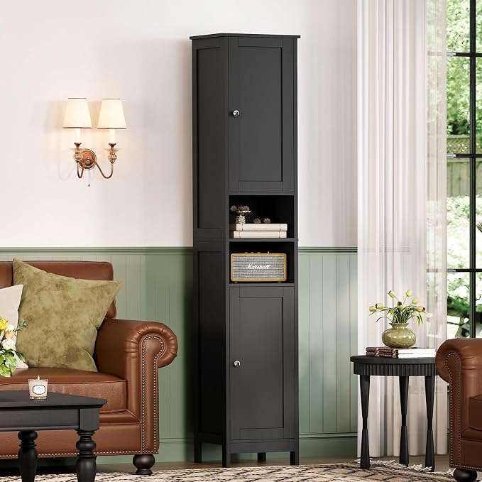 TEENFON 67" Tall Bathroom Cabinet with Adjustable Shelves and Doors | Narrow Bathroom Storage Cabinet for Small Space, Living Room, Entryway, Kitchen, Black