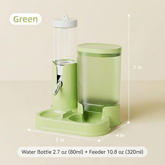 No Drip Hamster Water Bottle, 2 in 1 Automatic Hamster Water Dispenser & Food Bowl, Freestanding Small Animal Water Bottle Cage Accessories for Dwarf Hamster, Gerbil, Rat, Mice (Green)