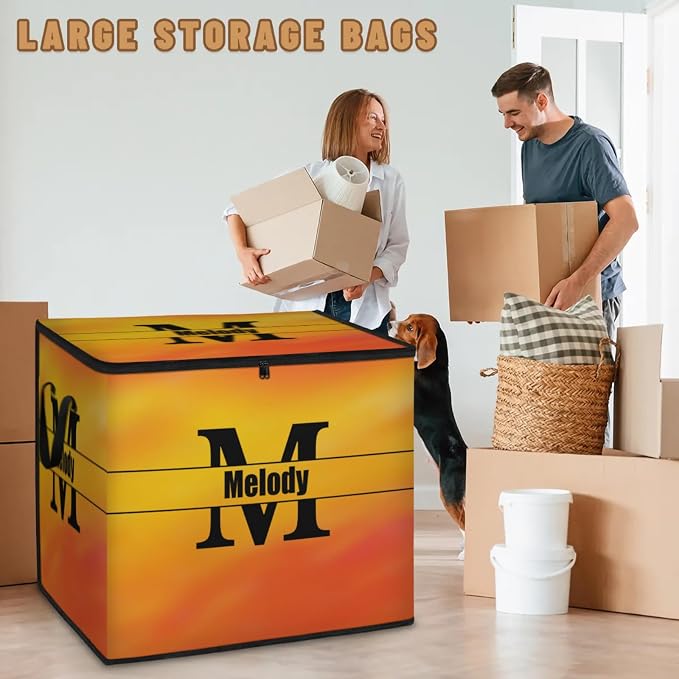 Custom Name Comforter Storage Bin with Lid, Personalized Initial Letter XL Storage Basket with Handles Zippers for Organizing Blankets, Bedding Closet Shelf Baskets, Gradient Yellow Orange
