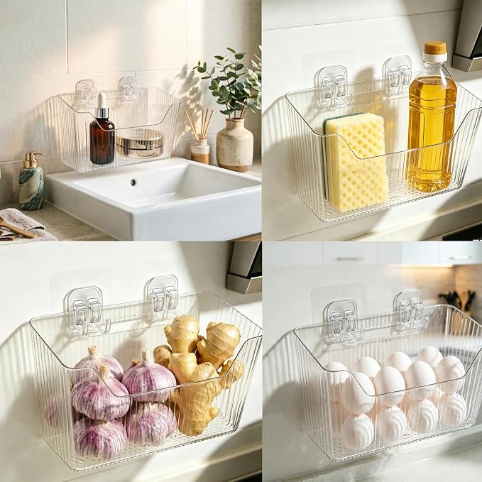 Under Sink Sponge Holder, Cabinet Door Organizer, Stackable PET Organizer, Adhesive Wall Mounted Storage Bins for Kitchen Bathroom Pantry, Clear