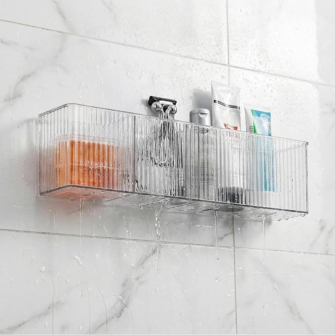 4 Pack Wall Mount Makeup Organizer, Adhesive Bathroom Shelves | 14" Long Narrow Cabinet Door Organizer with 3 Compartments, No Drilling Shower Floating Shelf for Bathroom Office