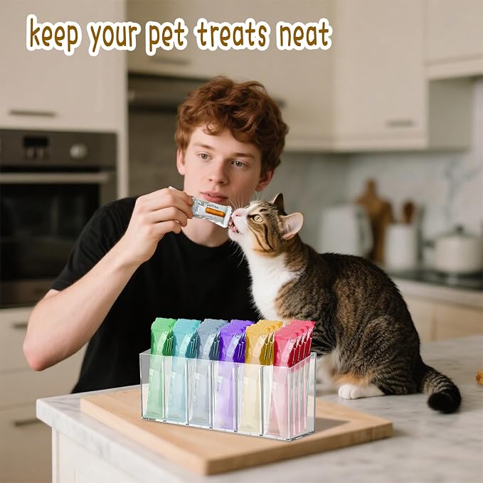 2 Pack Lickable Cat Treats Organizer, Wall Mount Acrylic Squeeze Up Cat Food Storage Container with Adhesive Stickers Lickable Wet Cat Treats Storage Holder for Kitchen Cabinet Pantry Shelf