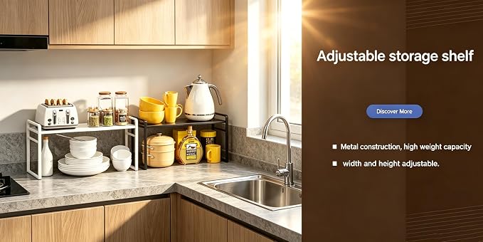 Expandable Cabinet Shelf Organizer Riser for Kitchen Under Sink Countertop | Expandable, metal , 0.8mm-thick shelves, suitable for cabinets, countertops, under-sink areas, and storage rooms