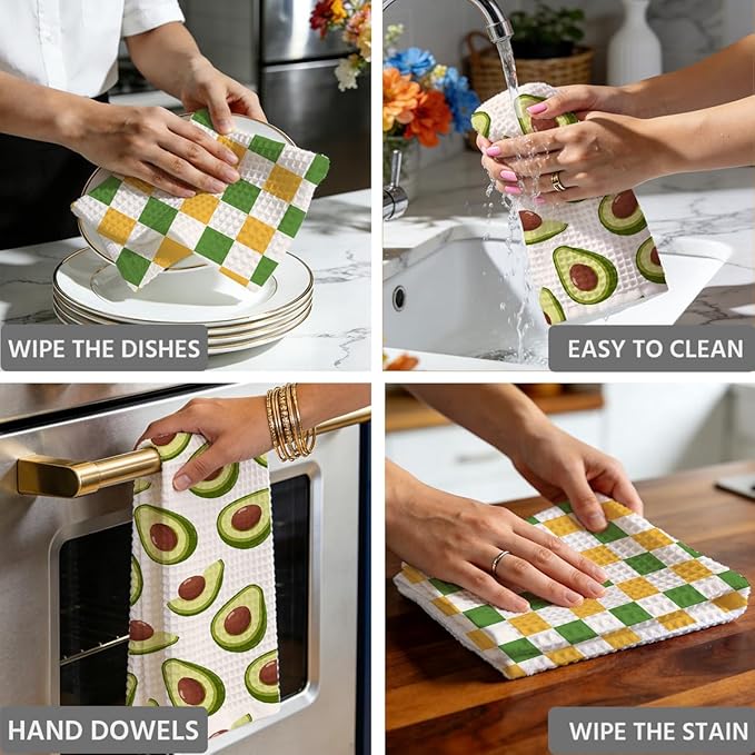 Avocado and Color Checkered Kitchen Towels, Quick Dry Multipurpose Waffle Weave Hand Towels for Bathroom, Absorbent Reusable Cloth Tea Dish Towels for Home Decor, Avocado Lover Gift Towel Set of 2