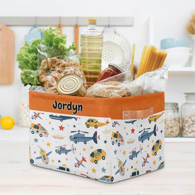 Personalized Storage Basket with Name, Rectangle Toys Storage Bin with Handles for Baby, Boys, Girls, Collapsible Basket for Clothes, Books, Cartoon Planes Car Taxi