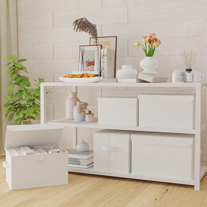 Storage Bins with Lids for Organizing, 4 Pack, White, 15x9.8x9.8 In | Closet Boxes with 2 Carrying Handles and Sturdy Heavy PP-board, Home Organizers Cubes for Clothes, Towels, Blanket