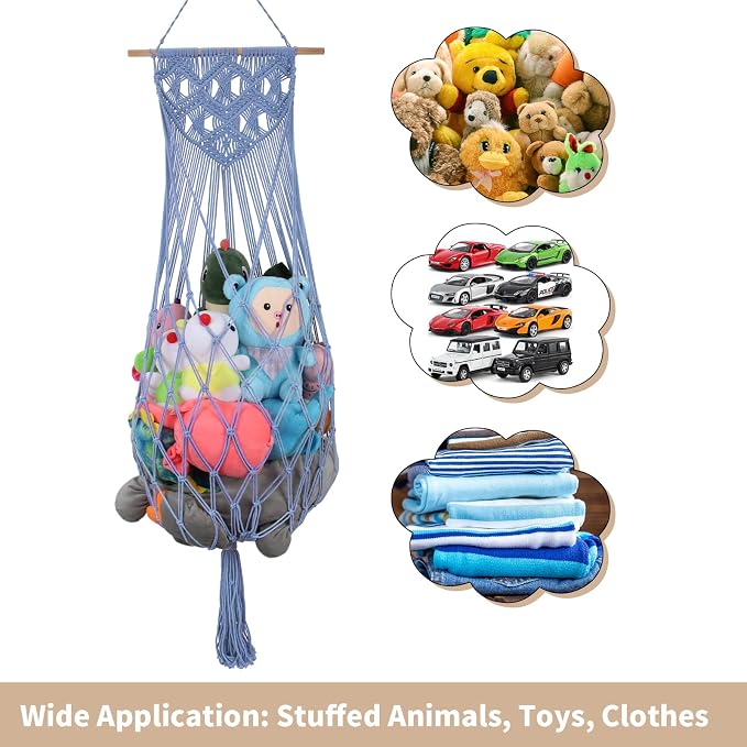 63 Inch Stuffed Animal Storage Hammock Corner, Stuffy Plushie Net,Blue | Wall Ceiling Over Door Hanging Toy Hammock for Stuffed Animals,Plushies Organizer w/ Star Lights,Nursery Kid Room Decor Gift