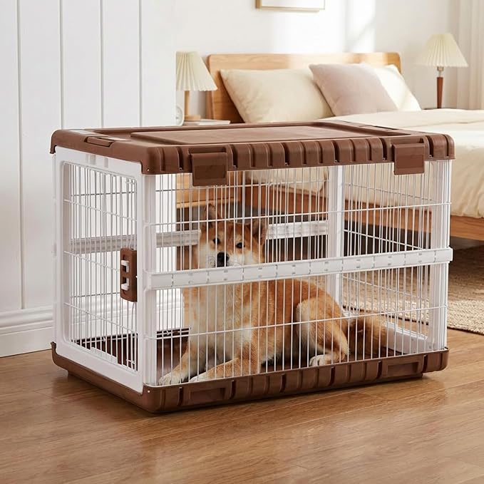 ZOMISIA Collapsible Dog Crate for Large Dogs - 36" L Heavy Duty Dog Kennel No Tools Required with 4 Sides Steel Foldable Cage for Dogs Indoor, Portable Carrier with 2 Smooth Wheels, Woodgrain