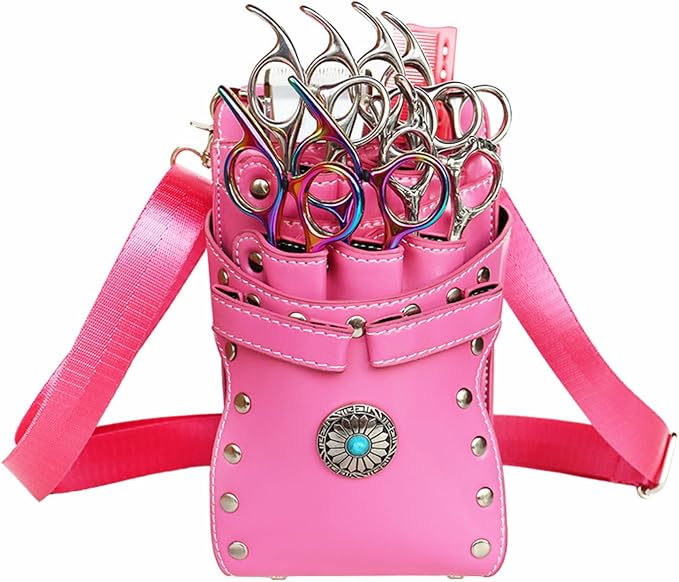 Fabater Retro Barber Scissors Bag for Hairstylists, PU Leather Detachable 7-Slot Tool Organizer, Crossbody Waist Bag for Scissors, Combs, Clippers, Spray Bottles (Pink)