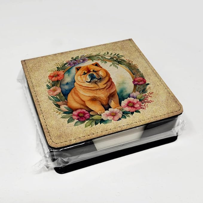 Caroline's Treasures Chow Chow and Flowers PU Leather Note Paper Holder with Artist-Designed Cover, Desk Accessory, Office Gift
