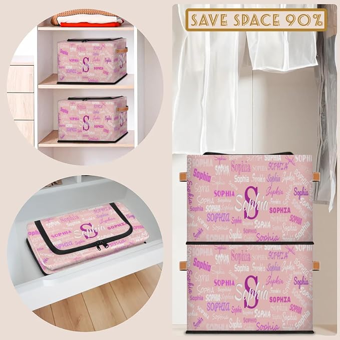 Personalized Kids Toy Box with Name, Custom Nursery Baskets Cubes Box with Zipper Lid, Kids Custom Storage Basket Laundry Baskets Organizer with Handles, Pale Pink Background Colorful Names