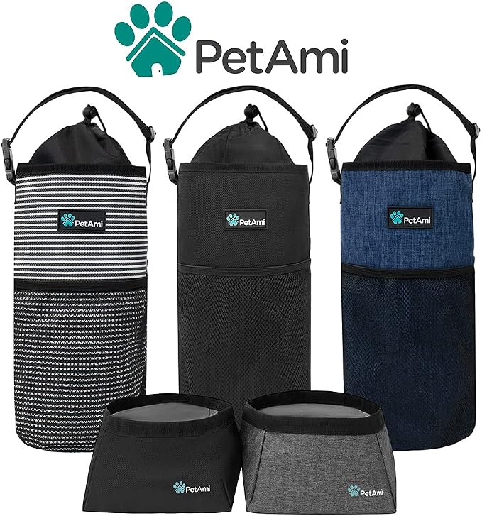 PetAmi Travel Dog Food Bag with 2 Collapsible Bowls Waterproof Dog Kibble Storage & Foldable Food Water Bowls for Dogs & Cats, Hiking & Camping (Black, Grey)