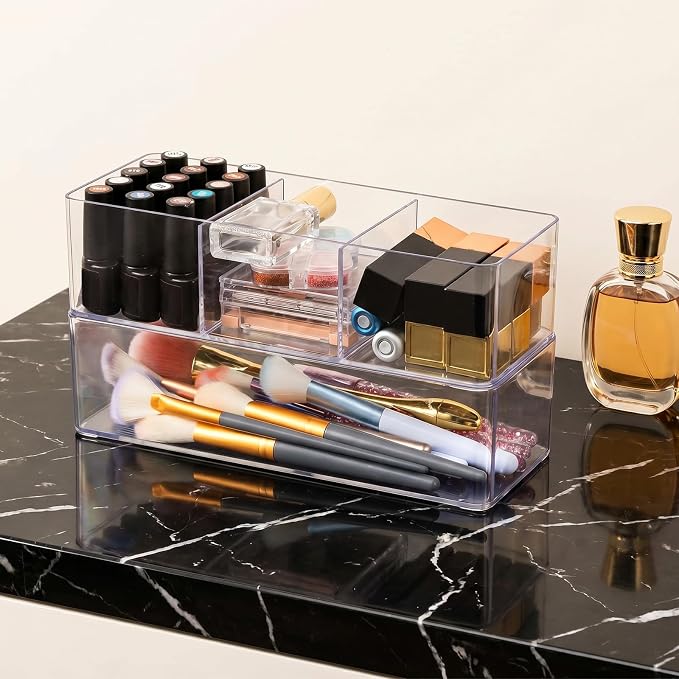 4-Piece Acrylic Organizer Set, Makeup Organizer for Drawer, Vanity, Countertop, Bathroom & Kitchen Storage, Clear PET Desktop Organizers with Compartments (2 Open + 2 Three-Cell Boxes)