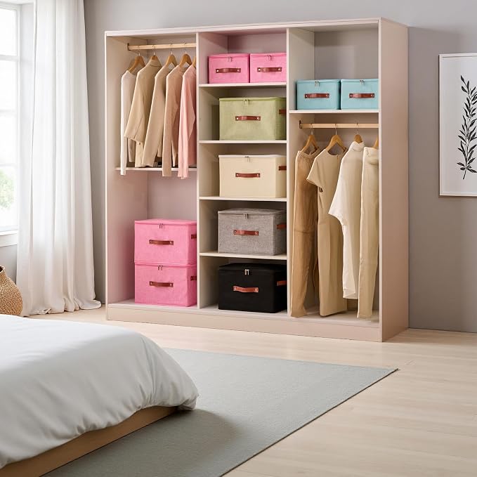 Storage Bin Box with Zippered Lid Decorative Collapsible Basket | Cotton Linen Fabric, Washable Foldable Stackable Clothes Container, Closet Shelf Organizer w/ PU Leather Handles, Beige-Small