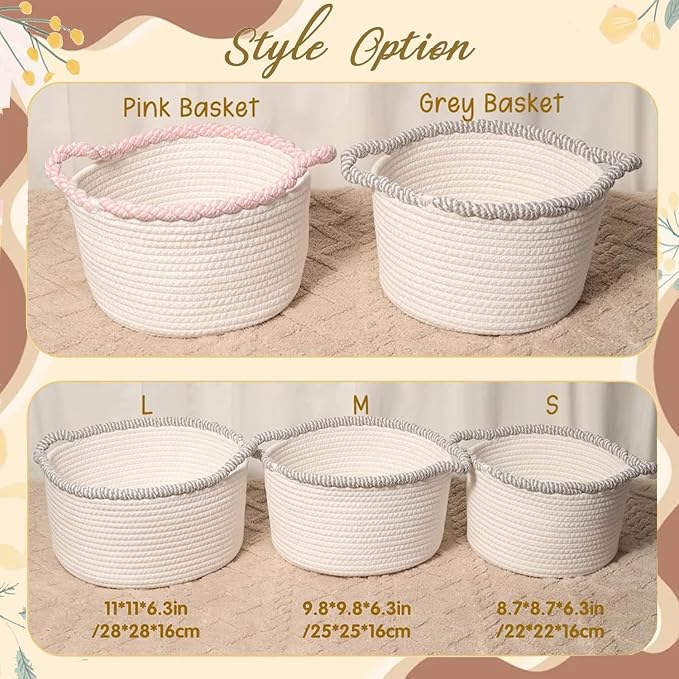Personalized Cute Small Woven Basket with Handles, Custom Cotton Rope Room Shelf Storage Basket, Empty Decorative Gift Basket, Decorative Round Bin for Nursery Bedroom Bathroom (Style J)
