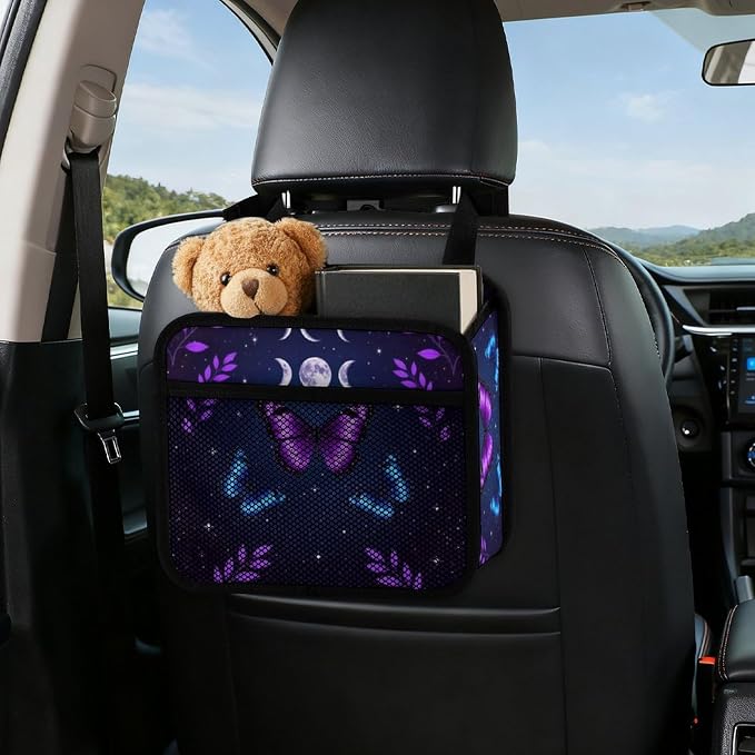 Car Organizer Bag for Back Seat Hanging Storage Bag with Pockets, Magic | Moon Moth Butterfly Mystical Goth Astrology Art, PU Leather Auto Trash Bag Travel Accessories, Leakproof and Waterproof
