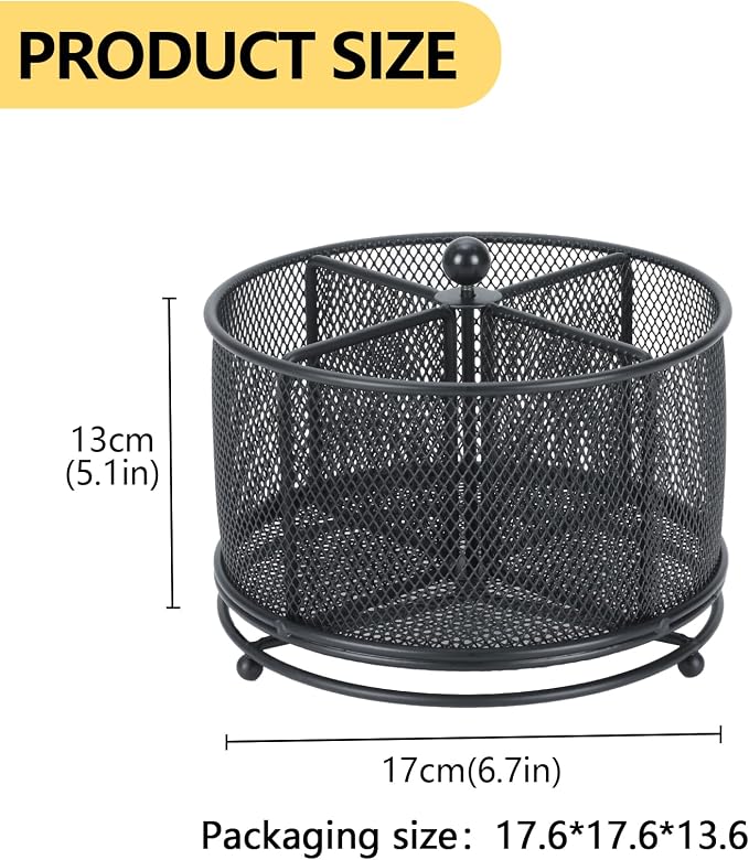Lickable Cat Treats Organizer, Lazy Susan Cat Treat Holder with 4 Divided Compartments, Round Metal Mesh Rotating Pet Storage Basket for Squeeze Up Treats, Snacks and Countertop
