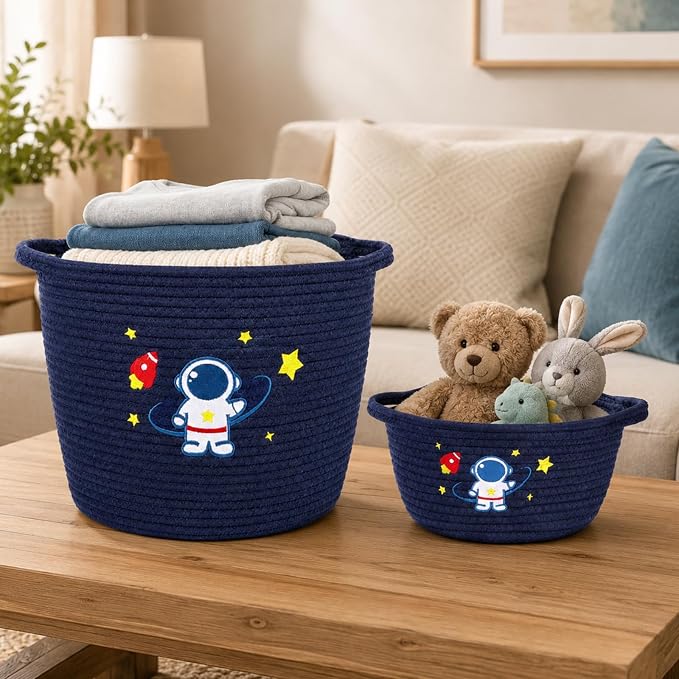 Laundry Basket Astronaut Space, 11"x13" Cotton Rope Woven Laundry Hamper, Cute Kids Storage Basket for Toy Storage Stuffed Animal Storage, Blanket Basket for Nursery Bedroom