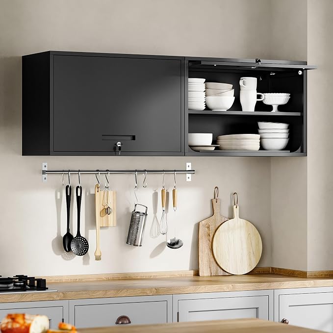 Metal Garage Wall Cabinet with Doors and Shelves, Wall Mounted Metal Storage Cabinet, Floating Garage Tool Cabinet for Garage, Basement, Kitchen, Warehouse (Black, 21.6" H)
