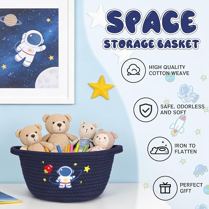 Space Storage Basket, Cotton Rope Woven Basket with Handle Small Laundry Basket Organizer for Baby Shower, Cat Dog Toy Basket, 9"x9"x5" Baskets for Organizing