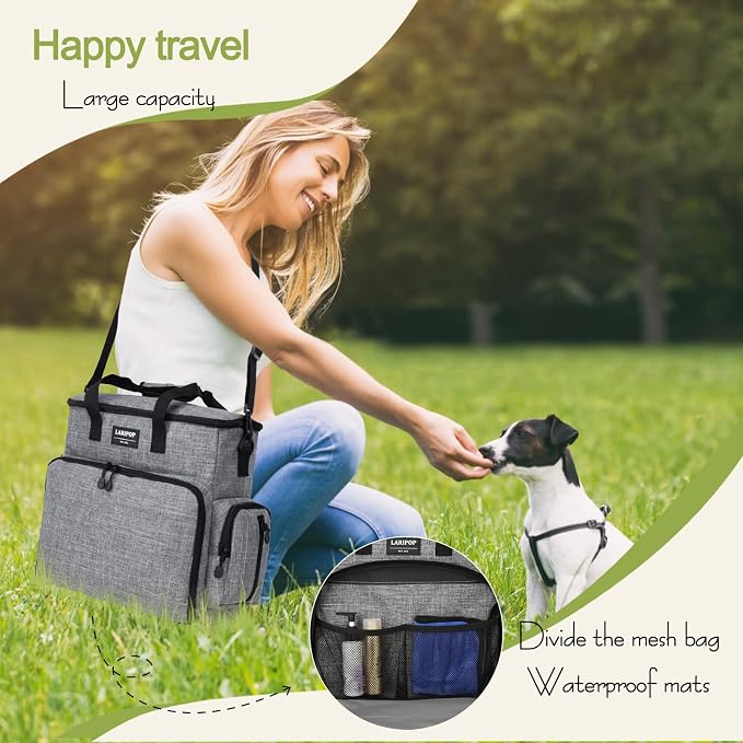 LARIPOP Dog Travel Bag Airline Friendly for Small Medium Large Dogs, Pet Travel Organizer with Collapsible Bowls Food Containers Mat, Waterproof Portable Tote for Dog Outdoor Travel