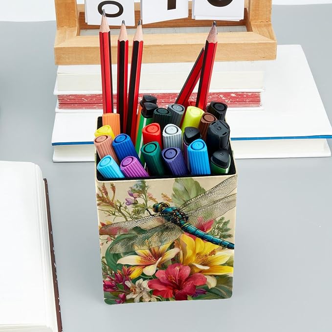 Retro Dragonfly Pen Holder for Desk Decor, Rectangular PVC Leather Pencil Cup for Desk Pen Organizer, Makeup Brush Holder for School, Home, Office