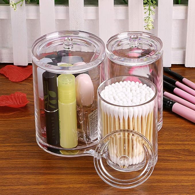 Hipiwe Clear Acrylic Cotton Swab Holder Cotton Round Container, 3 Slots | Cotton Pad and Ball Q-tip Organizer Case for Makeup Brush, Bathroom Apothecary Jar with Lid