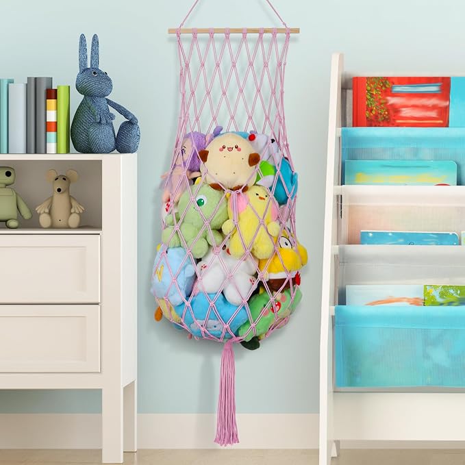 68 Inch Stuffed Animal Storage Hammock Corner Plushie Net,Pink | Boho Macrame Large Toy Hammock for Stuffed Animals Organizer,Wall Ceiling Over Door Stuffy Storage Holder,Nursery Room Decor