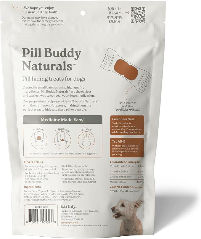 Presidio Earthly Pill Buddy Naturals - Honey Recipe Pill Hiding Treats for Dogs - Make A Perfect Pill Concealing Pocket Or Pouch for Any Size Medication - 90 Servings