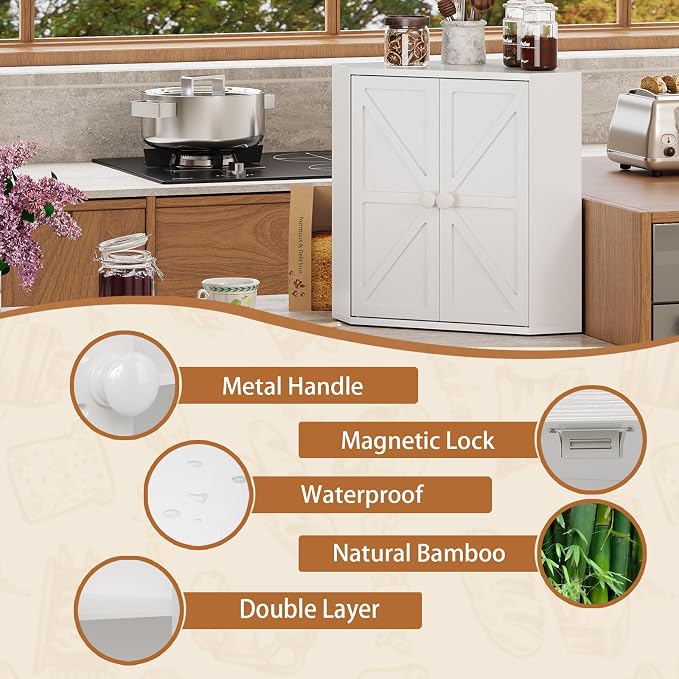Trironsun Corner Bread Box for Kitchen Counter Double Layer Bamboo Bread Storage Container Large Capacity Bread Storage Bin Farmhouse Breadbox Organizer (White)