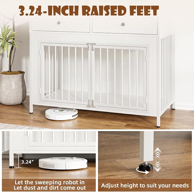 LEMBERI 44 Inch Large Dog Crate Furniture with 2 Storage Drawers, Wooden Dog Kennel Furniture as End Table, Decorative Pet Cage Dog House Indoor for Dogs, White