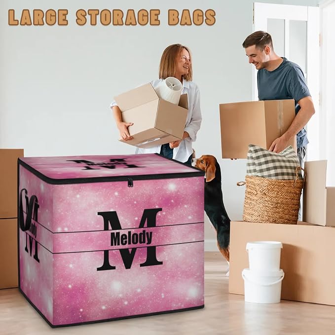 Personalized Extra Large Storage Bins with Lid, Customized Name Jumbo Storage Basket Rectangle Clothes Organizer for Organizing Kids and Pets Toys Shelf Closet, Pink Galaxy with Initial Letter