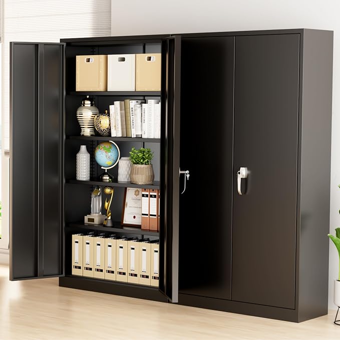 Greenvelly Metal Garage Storage Cabinet, 72'' Tall Storage Cabinet with 2 Doors and 4 Adjustable Shelves, Steel Lockable Tool Cabinets for Home Office, Garage, Basement, School (Black)