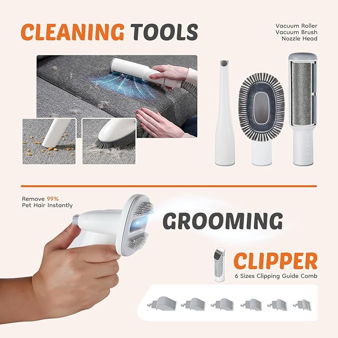 Sweetcrispy Cup Professional Pet Grooming Vacuum Kit, 2.5L 3 Suction Modes and 5 Groomer Tools with Cordless Low Noise Dog Clippers for Cats, Other Animals Hair Trimmer