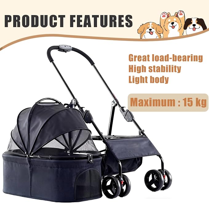 3-in-1 Pet Stroller for Small/Medium Dogs&Cats, 4 Wheels Lightweight Dog Stroller with Detachable Carrier, Storage Basket and Cup Holder, One-Click Folding Pet Travel Carrier for Car Seat & Hand Carry