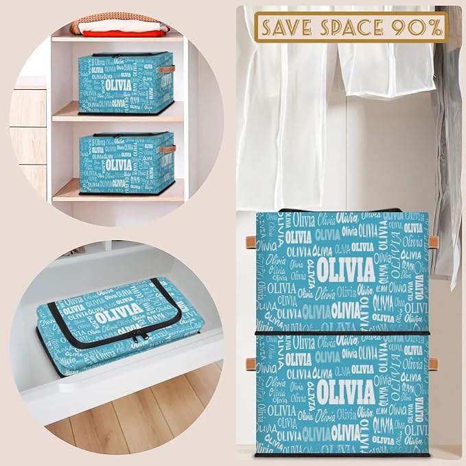 Personalized Foldable Storage Basket with Name, Zipper Lid Laundry Hamper Dirty Clothes Pet Toys Storage Bin with Handles for Shelf Home Closet Kitchen, Sky Blue Solid Color