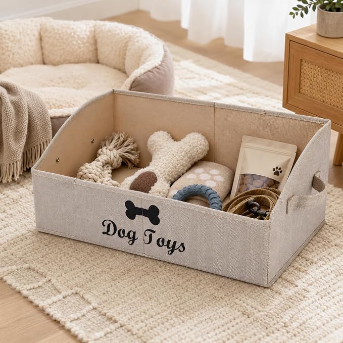 Geyecete dog toy basket Large dog toy bin dog toy box storage box - Foldable Fabric Trapezoid Organizer Boxes with Handle, Collapsible Basket for Dog Toys (KhakiStripe-DOG)