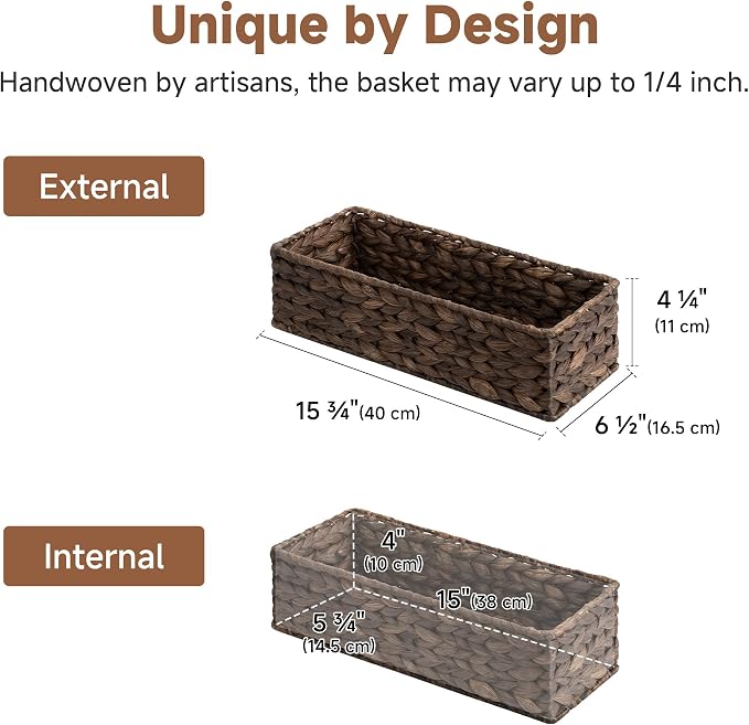 StorageWorks Small Toilet Paper Basket, Bathroom Basket Organizer, Brown | Water Hyacinth Wicker Baskets for Bathroom Decor, Back of Toilet Baskets, Small Narrow Tank Trays for Tank Topper, 2 Pack